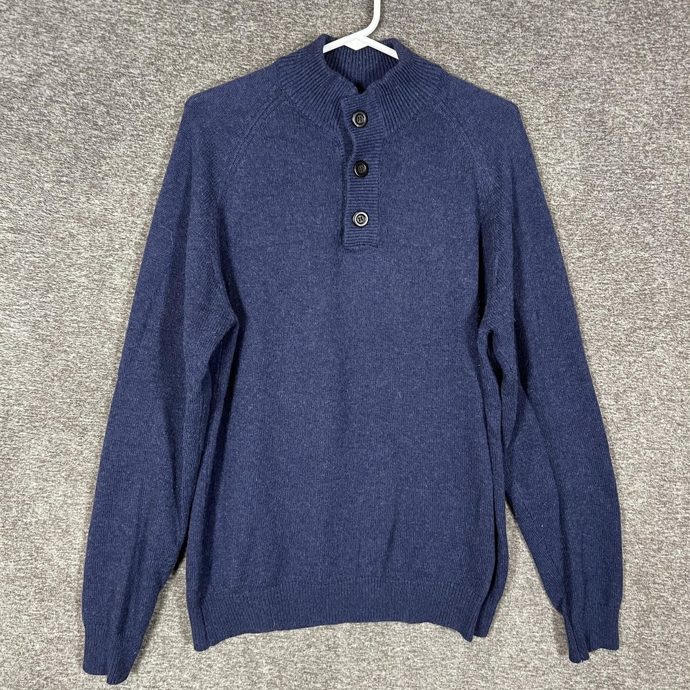 UNTUCKit‎ Sweater Mens Large Navy Cotton Wool Mock Neck Henley Knit Pullover